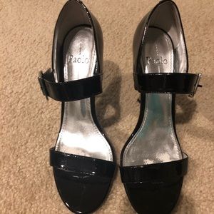 Linea Paolo patent sandals with mirror heel